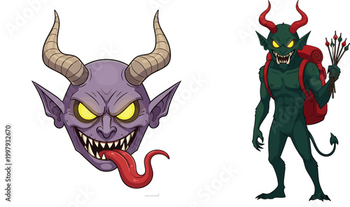 Scary fantasy monster vector set featuring a creepy purple demon head with long tongue and a dark green horned goblin character for game assets and Halloween horror illustrations.