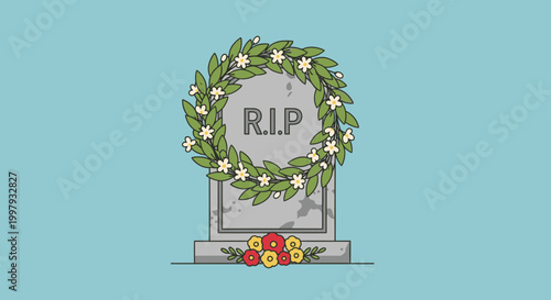 RIP Gravestone with Floral Wreath and Flowers, Blue Background
