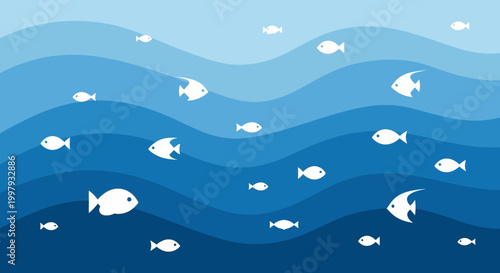 School of White Fish Swimming in Blue Ocean Waves, Underwater Scene