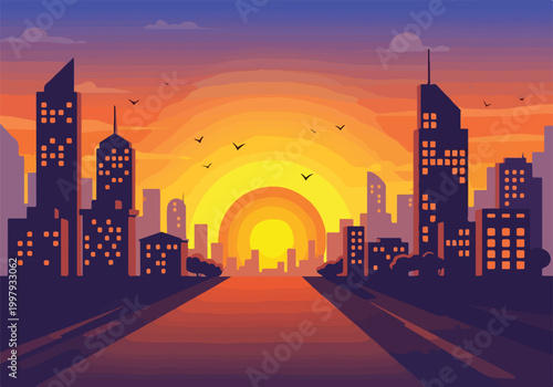 A city skyline at sunset with a long road