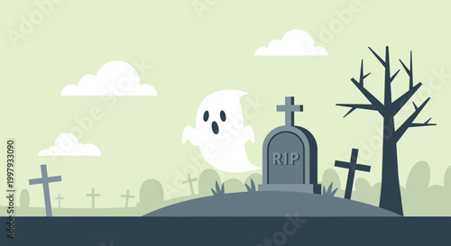 Spooky Ghost Haunting Graveyard with Tombstones and Bare Tree