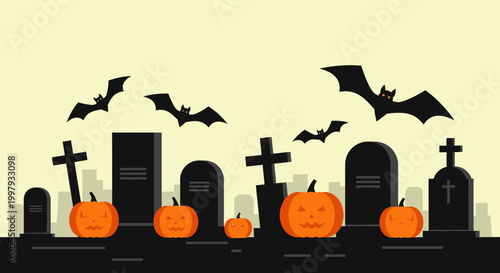 Spooky Halloween Cemetery Scene with Bats and Pumpkins