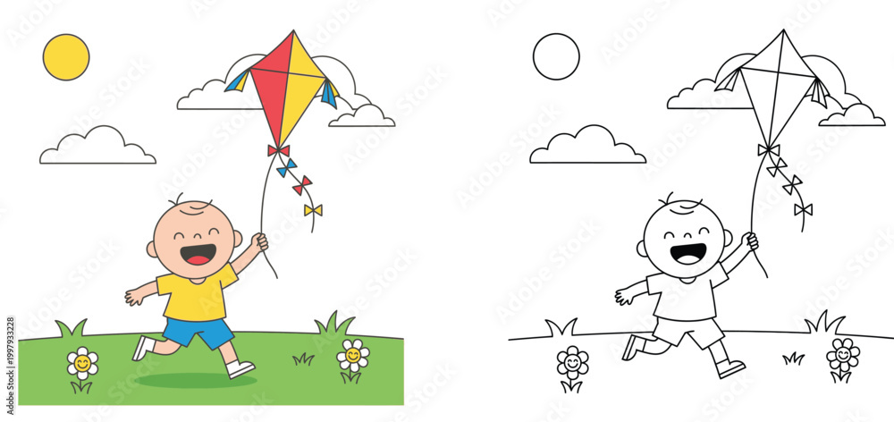 Naklejka premium Cute little boy running and flying a kite on a sunny day. Colorful vector illustration and black outline line art coloring page for kids.