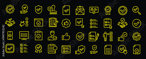 Checkmark and Approved web icon set in line style. Checklist, accepted, stamp, accept, agree, quality control, collection. Editable stroke. Vector illustration.