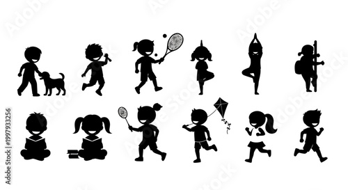 Set of Children Silhouettes Engaged in Various Activities
