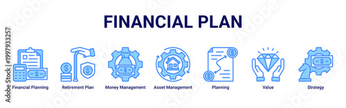 Financial Plan banner with financial planning,retirement plan,money management,asset management,planning,value and strategy icons for business and finance concept