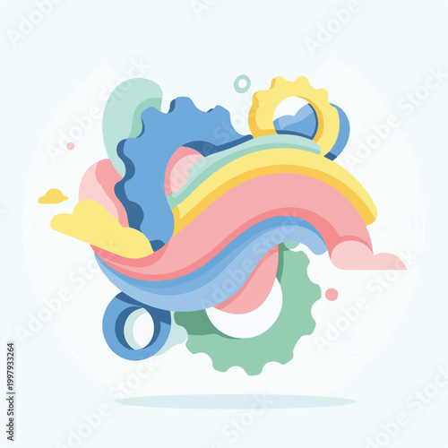 Fotografie Abstract illustration of colorful gears and fluid organic shapes.