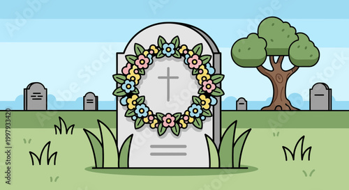 Tombstone with Flower Wreath in Cemetery, Memorial Day, RIP