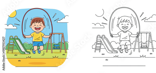 Cute little boy jumping rope in the playground with slide and swing. Colorful vector illustration and black outline line art coloring page for kids.