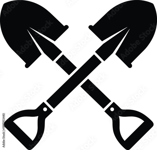 Crossed shovel silhouette icon isolated on white background gardening tool symbol for landscaping agriculture digging and outdoor work design