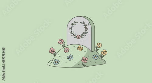 Tombstone with Flowers in a Cemetery, Gentle Memorial Illustration