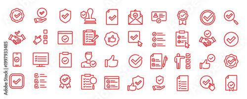 Checkmark and Approved web icon set in line style. Checklist, accepted, stamp, accept, agree, quality control, collection. Editable stroke. Vector illustration.
