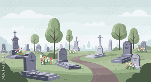 Tranquil Cemetery Scene with Gravestones and Flowers, Peaceful Remembrance Landscape