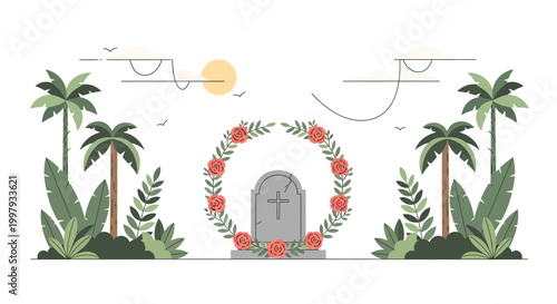Tropical Cemetery Tombstone with Rose Wreath and Palm Trees