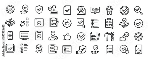 Checkmark and Approved web icon set in line style. Checklist, accepted, stamp, accept, agree, quality control, collection. Editable stroke. Vector illustration.