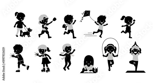 Set of Children Silhouettes Engaged in Various Outdoor Activities and Hobbies