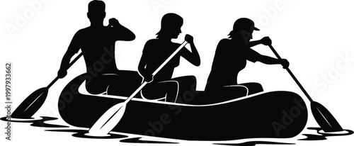 Black Silhouette Illustration of Three People Rafting, River Adventure with Paddles, Vector Design for Outdoor Sports, Extreme Activities, Travel and Adventure Themed Projects