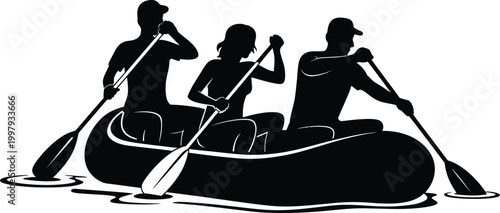 Black Silhouette Illustration of Three People Rafting, River Adventure with Paddles, Vector Design for Outdoor Sports, Extreme Activities, Travel and Adventure Themed Projects