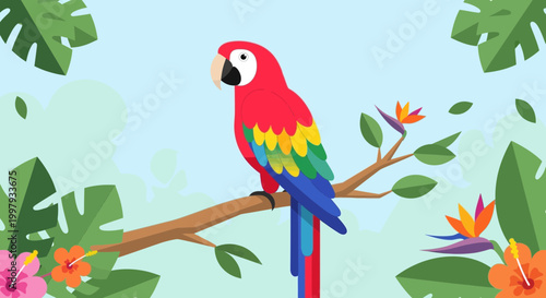 Tableau sur toile Vibrant Parrot Perched on Branch Amidst Tropical Foliage and Flowers