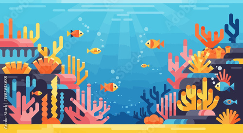 Vibrant Coral Reef Ecosystem with Small Fish Swimming in Blue Ocean Water