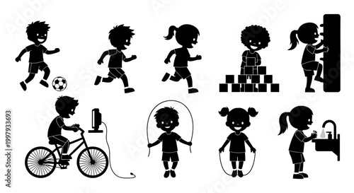 Set of Silhouettes of Active Children Playing and Exercising