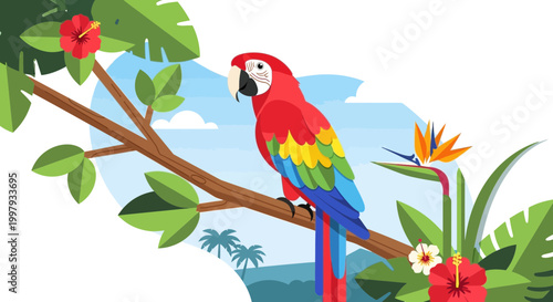 Vibrant Scarlet Macaw Parrot Perched on Branch in Lush Tropical Jungle with Exotic Flowers