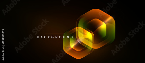 Abstract neon hexagons overlap, creating vibrant glow. Dark background emphasizes luminous geometric design. Modern, dynamic visual element.