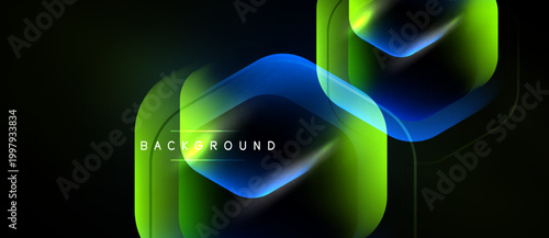 Abstract geometric shapes overlap, creating vibrant gradients. Blue, green hues dominate dark background. Modern design element.