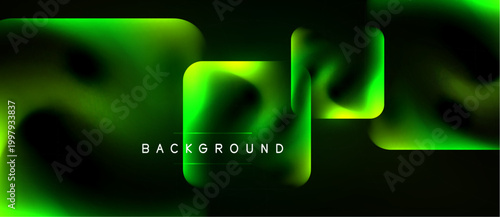 Abstract green gradients form flowing shapes. Text BACKGROUND centered, bright neon effect dominates composition. Dark backdrop enhances luminosity.