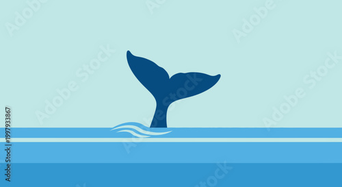 Blue Whale Tail Fin Diving into Ocean Water with Waves - Minimalist Vector