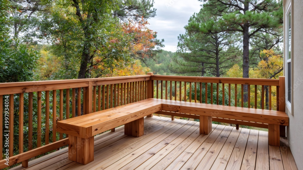 Obraz premium Wooden deck with built-in bench providing forest view