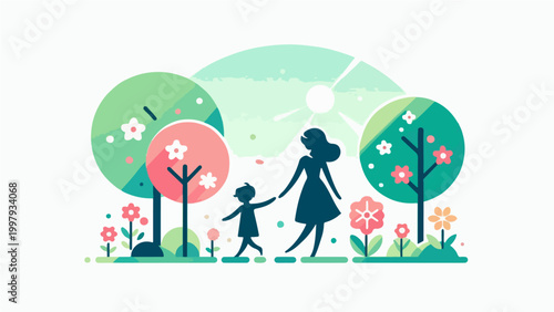 Parent and Child Walking in Colorful Garden, Mother's Day