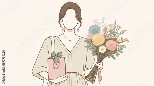 Woman Holding Flowers and Gift Bag, Mother's Day
