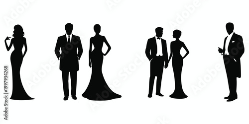 Black silhouettes of couples in formal wear on white background
