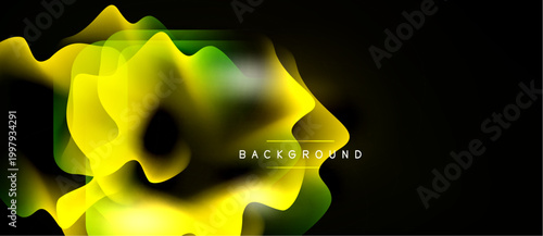 Abstract yellow, green shapes overlap black background. Dynamic flow creates modern visual effect. Brightness contrasts sharply.