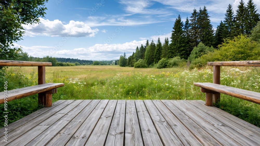 Fototapeta premium Wooden deck and benches overlooking summer meadow