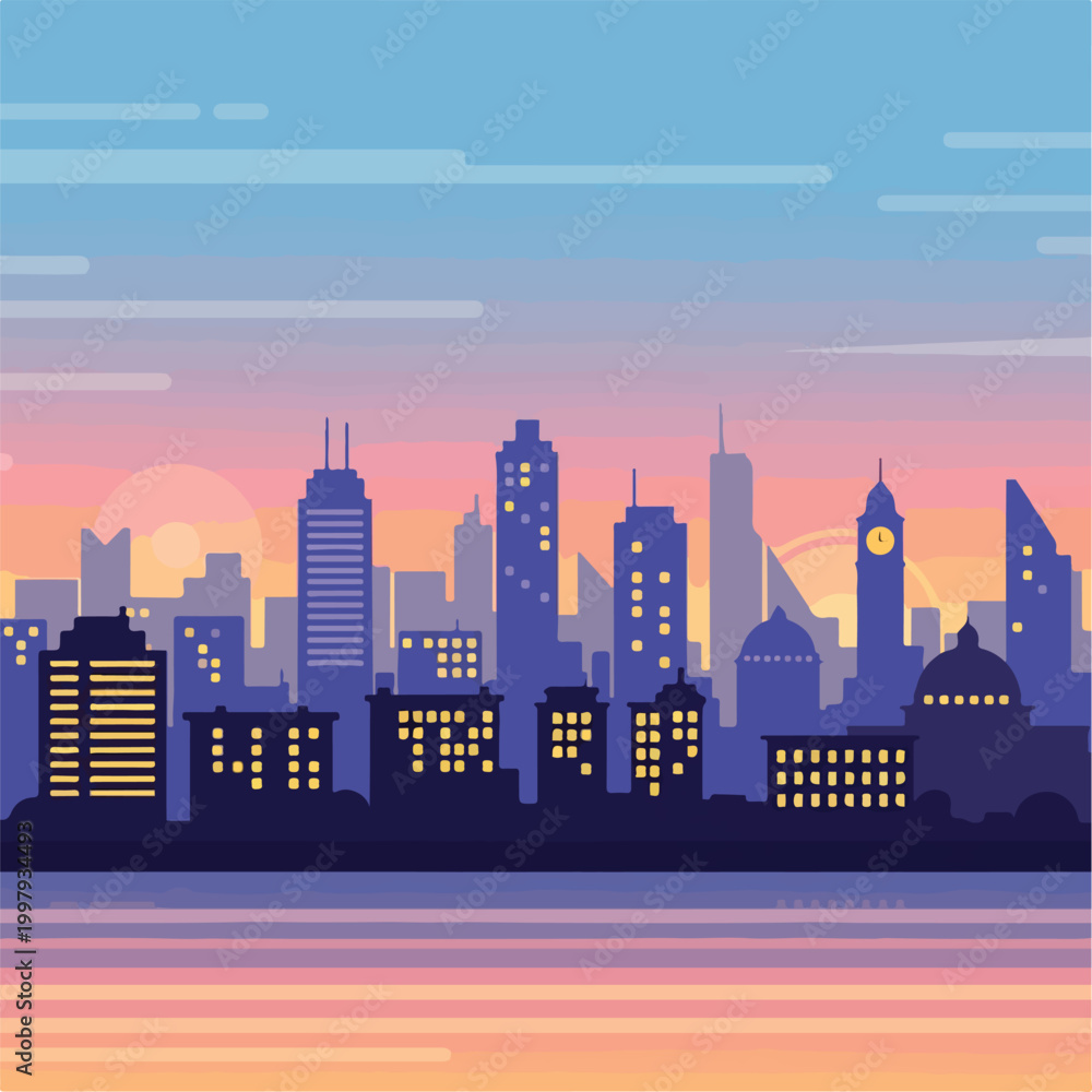 Obraz premium A city skyline at sunset with colorful sky
