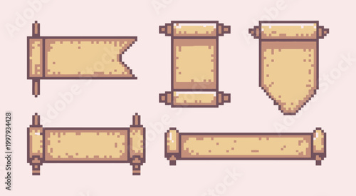 Pixel Art Manuscript Template Set, Papyrus Scroll Collection with Blank Paper Sheets, 8 Bit Sprite Style for Game Development and Mobile Apps, Isolated Vector Illustration