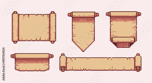 Pixel Art Manuscript Template Set, Papyrus Scroll Collection with Blank Paper Sheets, 8 Bit Sprite Style for Game Development and Mobile Apps, Isolated Vector Illustration