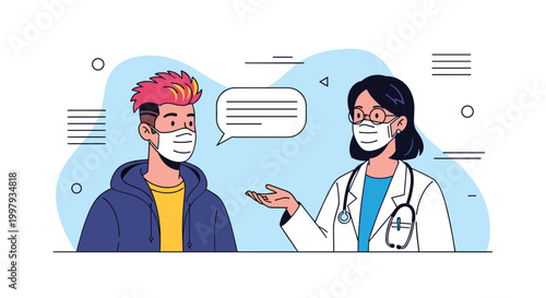 Patient and doctor wearing protective face masks have a consultation while a speech bubble indicates their conversation.