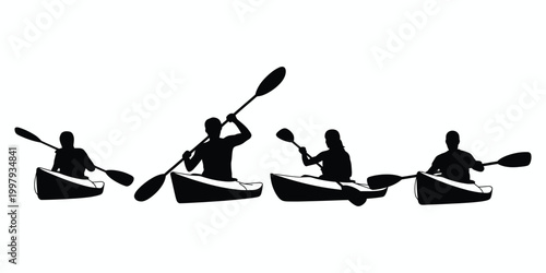 Four black silhouettes of people kayaking on white background