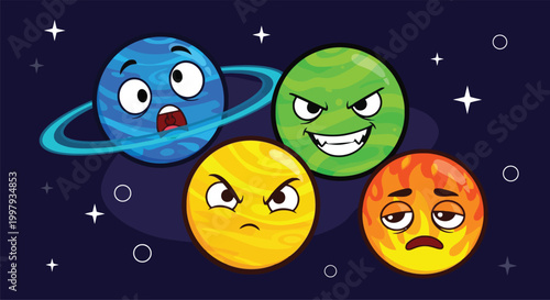 Cartoon planets with angry faces in space expressing emotions through their facial expressions and vibrant colors depicting a scene from a fantasy world with celestial bodies.