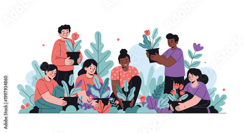 Group of diverse individuals works together to plant flowers in a garden as a community activity for sustainability.