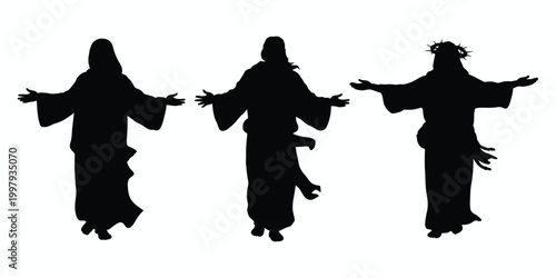 Three black silhouettes of jesus christ with arms outstretched