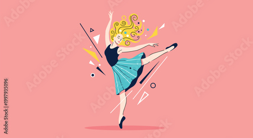 Elegant ballerina performs a graceful dance move on a bright pink background decorated with colorful geometric elements.