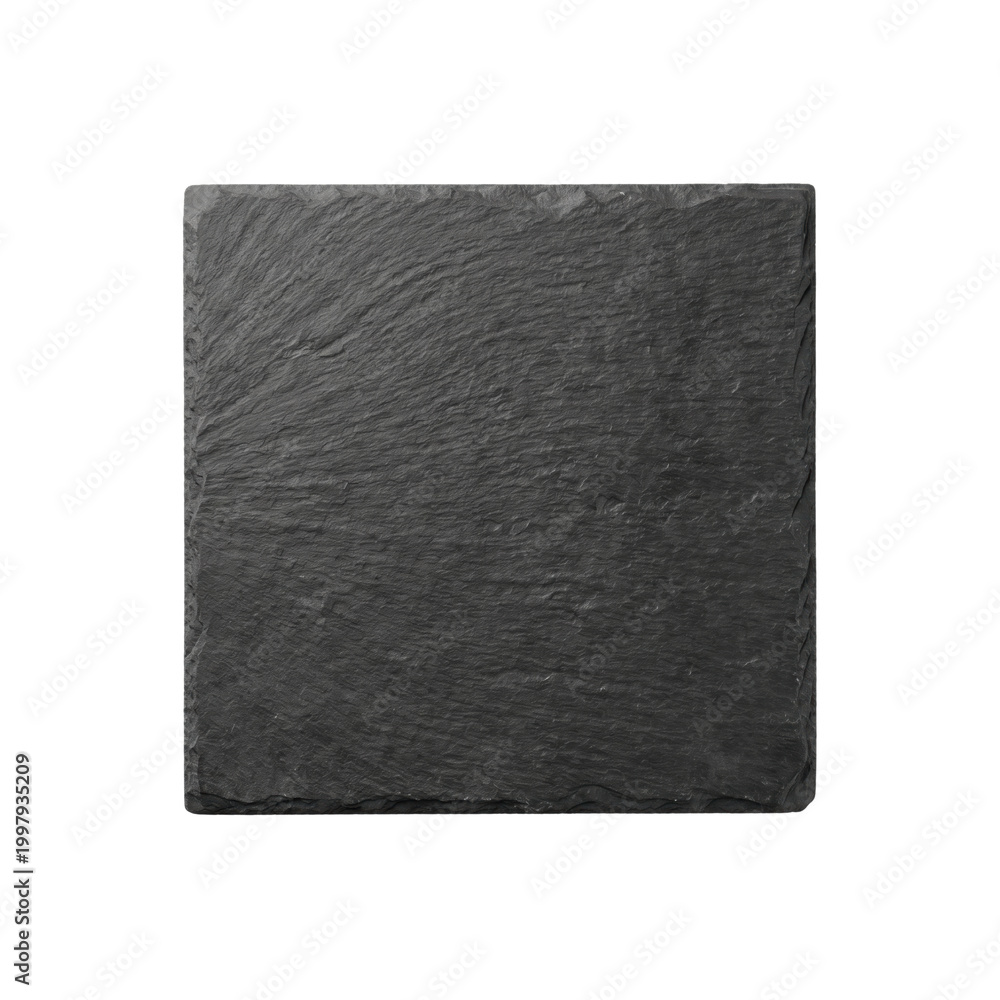 Fototapeta premium Square black slate coaster top view isolated. Stone plate mockup template.