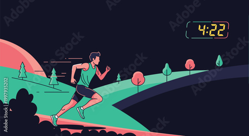 Athlete runs through a stylized nature landscape at night while a digital timer tracks his performance during a workout.