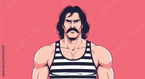 Strong man with a thick mustache and long hair wears a striped tank top while showing off his muscular physique.