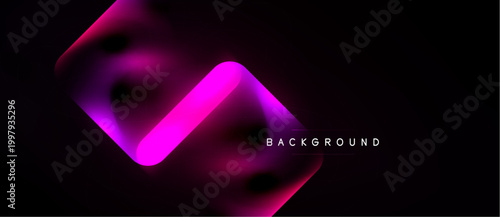 Abstract design features vibrant pink, purple gradients over black background. Modern, dynamic composition creates visual interest.