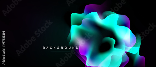 Abstract fluid shapes, vibrant colors blend. Dark background emphasizes glowing forms, modern design element.